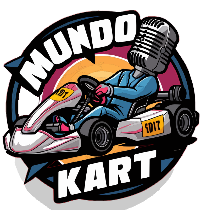 Logo de un kart con un micrófono como piloto, rodeado de un círculo con el texto "Mundo Kart".